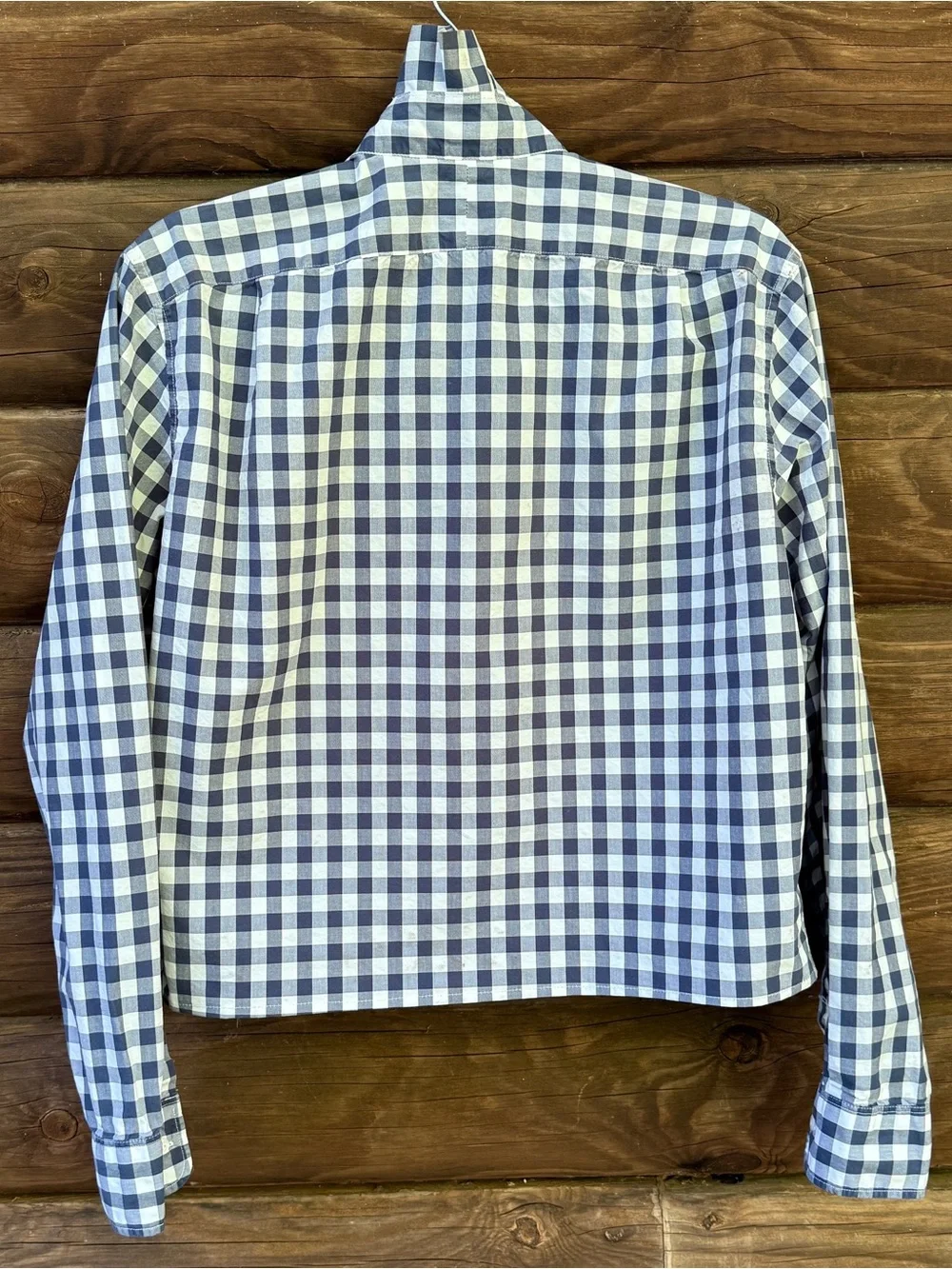 Upcycled J. Crew Navy and White Gingham Button-Down Shirt with Ruffle Neck - Picture 4 of 14